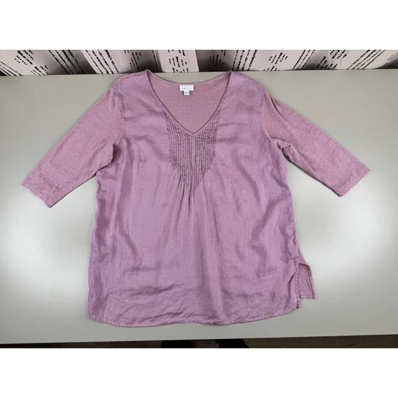 J Jill Love Linen Pintucked Tunic Blouse Top XL Pink 3/4 Sleeve Slits Cottage - Picture 4 of 14